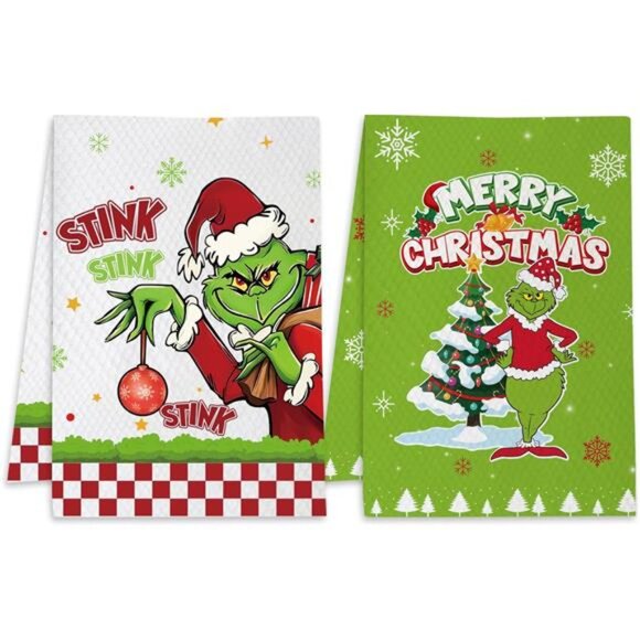 Set of 2 Grinchmas Christmas‎ Kitchen Towels, Waffle Weave Absorbent Hand Towels - Picture 1 of 7